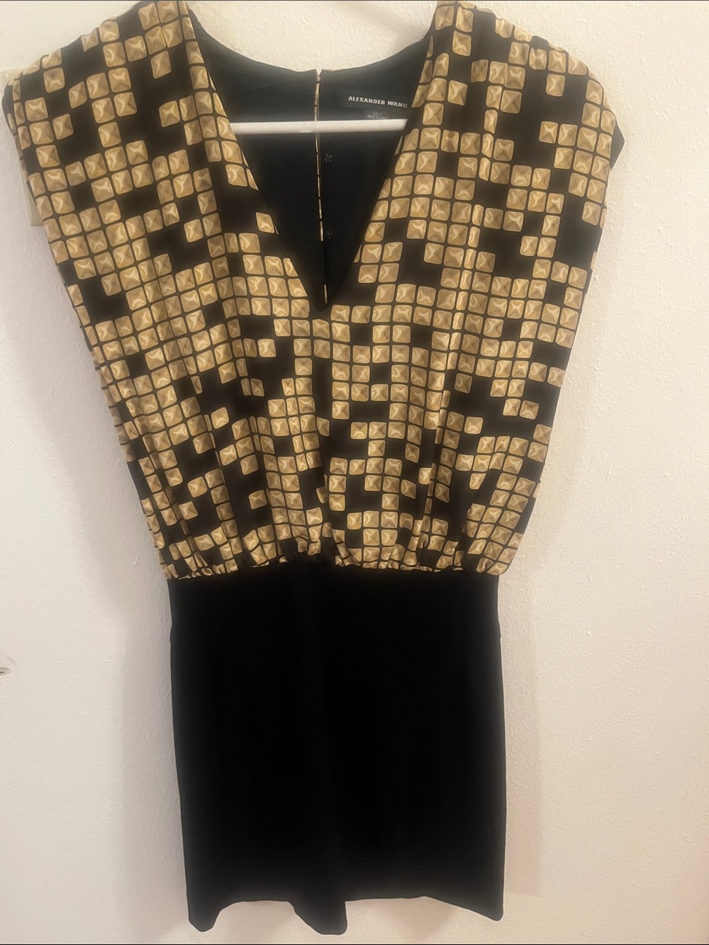 Alexander Wang Black and Gold Geometric V-Neck Dress silk
